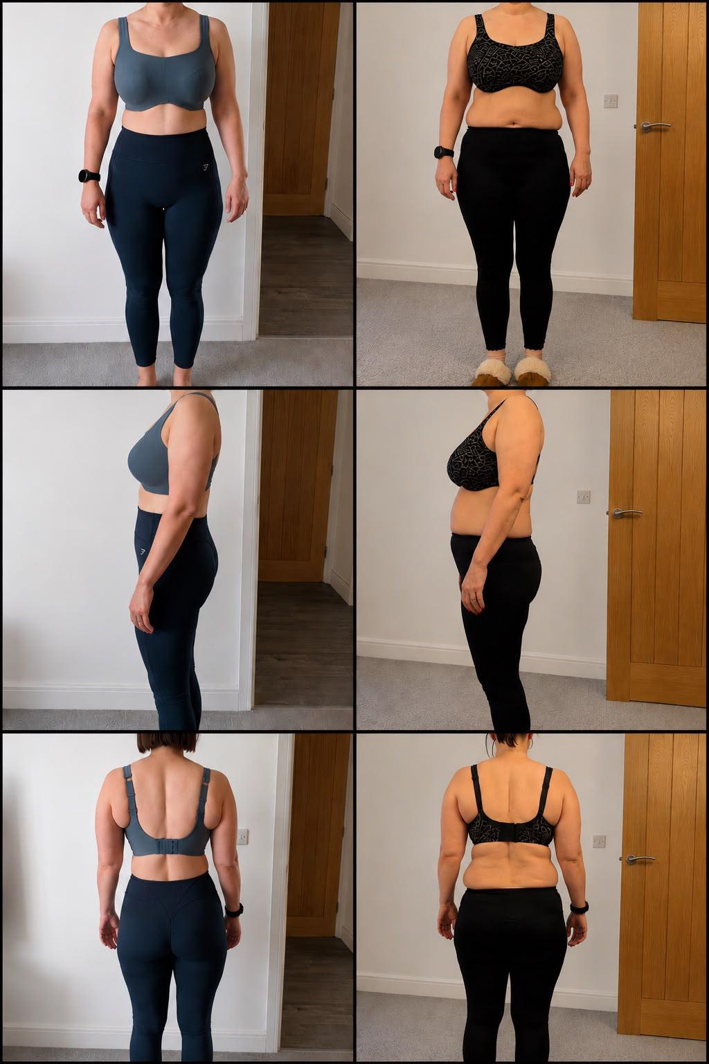 Lisa's progress comparison shown from the front, side and back over six months